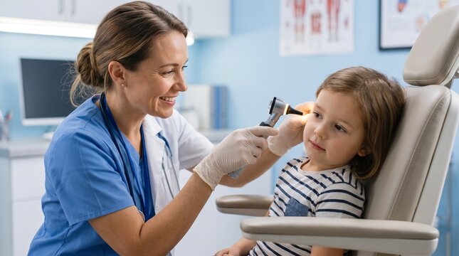 Caring female doctor in white coat checking child ear with professional otoscope in bright clinic, pediatric healthcare and hearing screening concept.