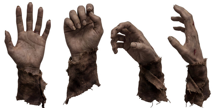 Set of scary zombie hands in various creepy gestures and poses for Halloween party invitations, horror game assets, spooky posters, undead creature design, graphic element, isolated transparent