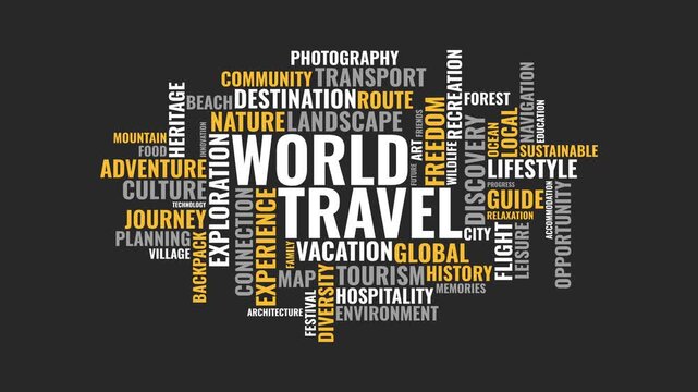 World Travel Word Cloud Animation Featuring Adventure Tourism and Glob