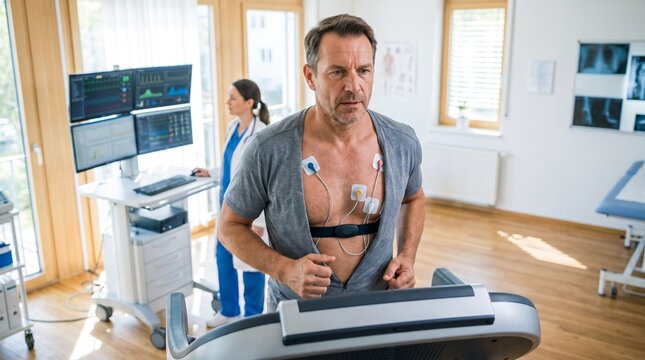 Adult man performing cardiac stress test on treadmill with ECG electrodes and heart rate strap in modern sports medicine clinic while doctor monitors data.