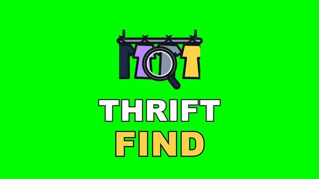 4K green screen THRIFT FIND animated text - the rail sliding the one gold piece under the glass, kinetic typography auction and resale overlay for selling content and social media, chroma key