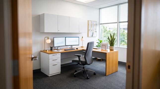 Private office interior with wooden l shaped desk white cabinets two computer monitors and a gray swivel chair viewed through an open doorway