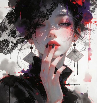 黒レースとインク飛沫の妖艶な女性