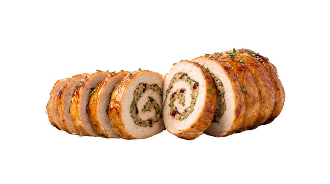 Sliced roasted turkey breast roll stuffed with herbs and cranberries PNG