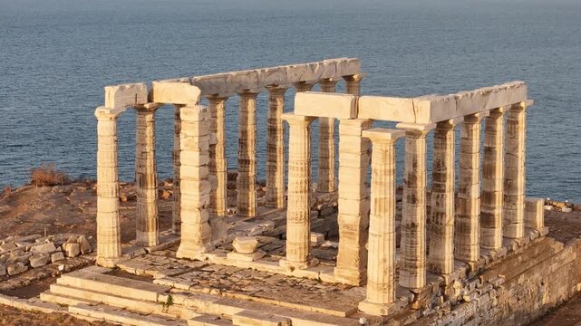 Temple of Poseidon at Cape Sounion, Greece, close aerial view