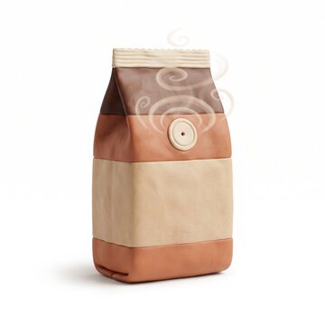 Coffee bean bag with aroma swirl isolated on white background. Minimalist clay style packaging for specialty coffee. Craft roasting and slow living concept for cafe branding and product design.
