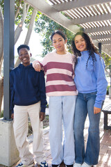 Obraz premium African American youths posing under slatted pergola at campus plaza, wearing hoodies and jeans