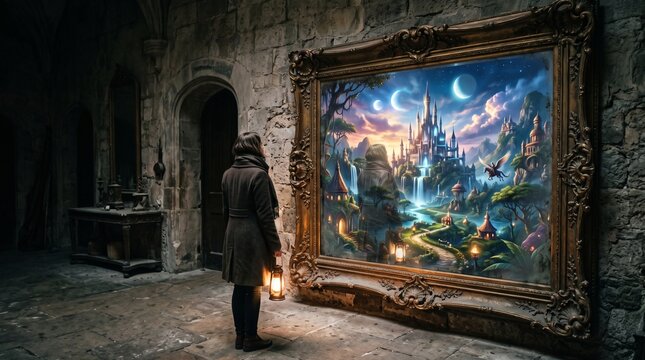 Person looking at a large fantasy landscape painting in a dark stone castle interior