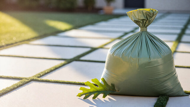 Green garbage bag on a stone pathway with a leaf sticking out  