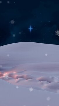 Animation of snow falling over house with christmas fairy lights and winter landscape