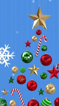 Animation of snow falling over christmas tree and decorations on blue background