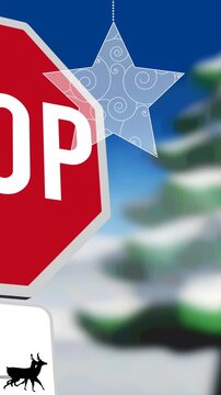 Animation of baubles over stop sign with santa claus in sleigh with reindeer in winter scenery