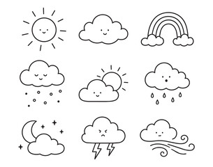 Obraz premium Hand drawn weather icons set with smiling sun, cloud faces, rainbow, moon stars, raindrops, snow, lightning, and wind swirls in clean outline doodle style, with weather, icon, sun, cloud detail