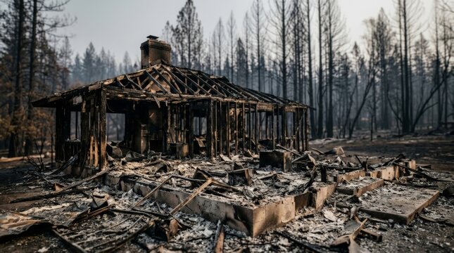 A partially destroyed home stands in ruins as a consequence of a devastating earthquake, with charred wooden frames and rubble strewn across the ash-covered ground
