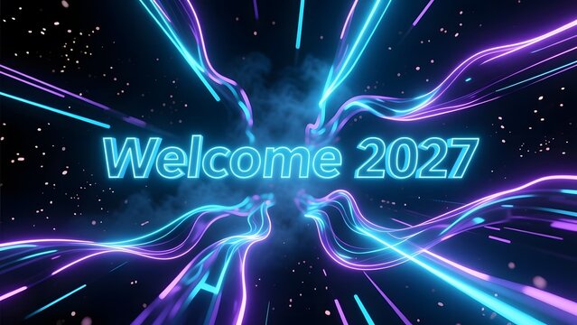 Welcome 2027 neon text on futuristic space background, glowing blue and purple light trails, cinematic New Year celebration banner
