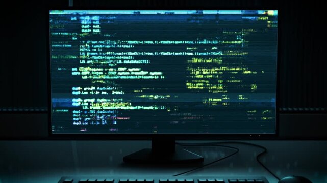 PCモニターとキーボードの3Dアニメーション　グリッチ画面　ズームアウト　