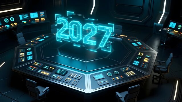 Futuristic 2027 digital hologram, neon glowing year 2027 in high-tech command center, sci-fi control room with blue interface displays