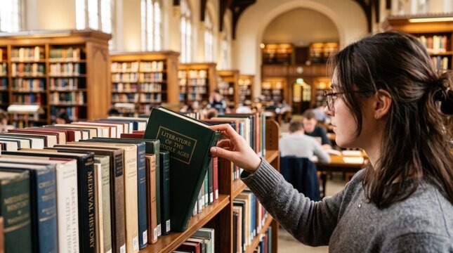 Young woman with glasses reaching for a green hardback book on a wooden shelf in a university library with rows of bookshelves and blurred students in the background