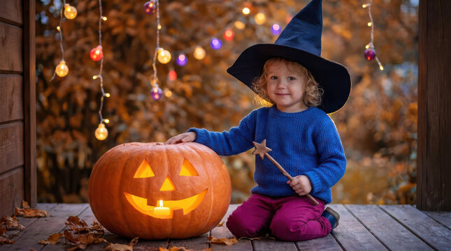Child in witch costume sitting beside glowing carved pumpkin during Halloween celebration, surrounded by autumn trees and festive lights, creating a playful seasonal holiday scene outdoors
