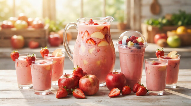 Delicious healthy pink fruit smoothie with chopped apples and strawberries in glassware for breakfast