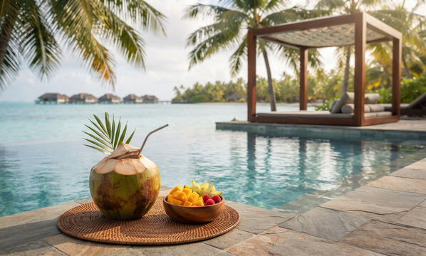 Fresh young coconut drink straw bowl tropical fruit platter resting poolside edge resort cabana overlooking crystal clear sea luxury vacation holiday tourism