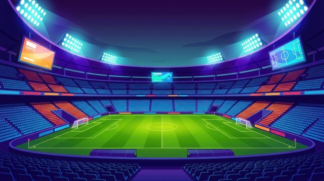 Illustration of professional football stadium at night under bright floodlights for sports events.