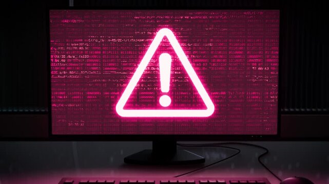 PCモニターとキーボードの3Dアニメーション　アラート表示　ズームアウト