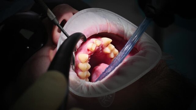 Close-up dental treatment showing a dentist using a dental drill and instruments on the patient&rsquo;s teeth, with a saliva ejector and water spray inside the mouth, face excluded from frame.