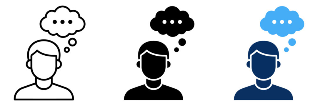 Thinking man icon set, person with thought bubble vector, male avatar brainstorming symbols in line and flat styles