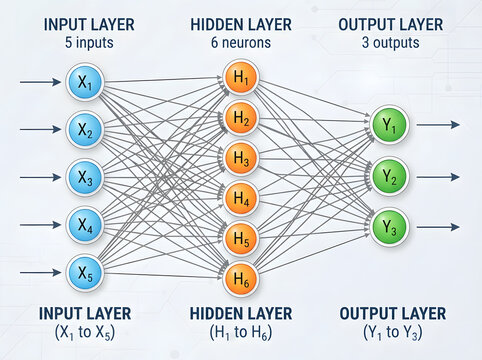Artificial neural network diagram showcasing input hidden and output layers with connected nodes for machine learning education.