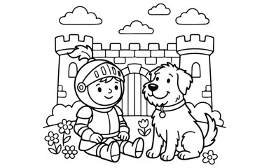 Fototapeta premium A cute little knight sitting with his loyal dog in front of a medieval castle coloring page