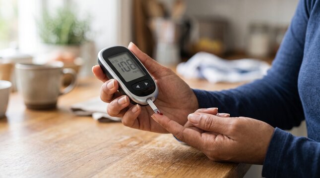 Close up of a person using a glucose meter to check blood sugar levels at home, diabetes management concept