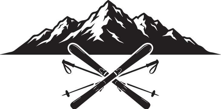 Vintage Mountain Skiing Logo. Retro Crossed Skis Emblem Design. Alp Sport Icon Illustration. Classic Wilderness Badge.