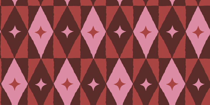 Vector Seamless Christmas pattern with hand-drawn holiday elements, geometric shapes, stars and festive ornaments in a retro color palette, design template for wrapping paper, branding, greeting cards