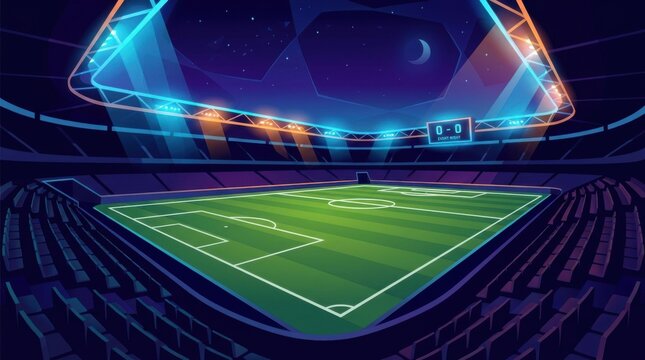 Futuristic soccer arena illustration with glowing geometric roof design and scoreboard for match night.