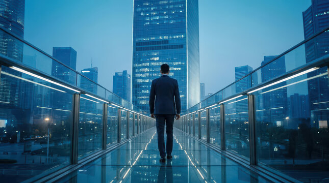 Corporate business professional walking toward towering glass buildings in futuristic financial district, symbolizing leadership, ambition, career development, innovation, success and business growth
