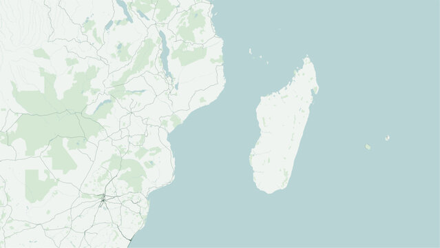 Modern minimalist vector map of Mozambique Channel. Scalable Indian Ocean waterway between Madagascar and East Africa coast, Comoros, Juan de Nova, and shipping corridors for wall art posters.