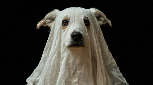 Funny Dog Wearing White Ghost Costume on Black Halloween Background