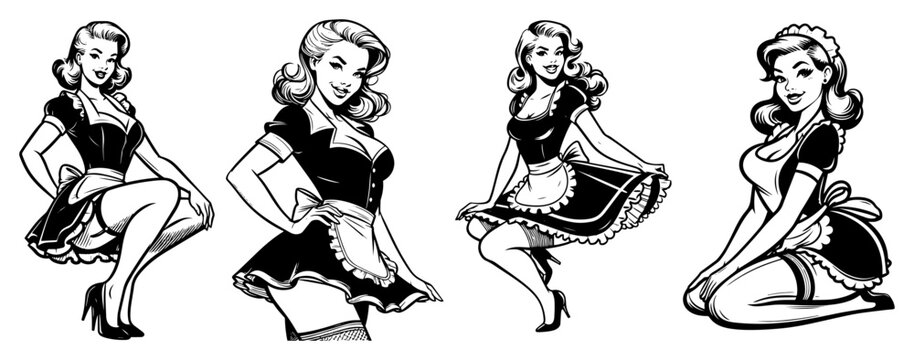 Beautiful retro pin up maids collection, vintage woman characters in sexy uniforms and aprons, black and white line art vector illustration for cafe design