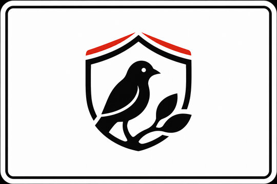 A black silhouette of a bird within a red and black shield emblem on a white rectangular background.