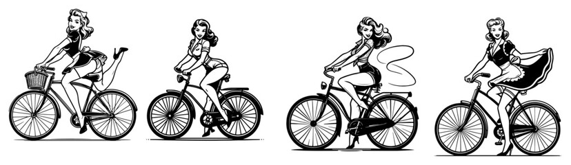 Fototapeta premium Retro pin up girls on bicycles collection, vintage woman riding bike character set, black and white line art vector illustration for summer lifestyle