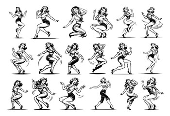 Fototapeta premium Mega bundle of 18 dancing retro pin up girls, massive collection of vintage woman characters in various dynamic poses, black and white line art vector illustration