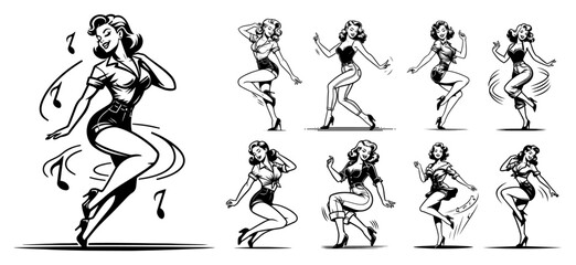 Fototapeta premium Mega bundle of dancing vintage pin up girls, retro woman character set with musical notes and dynamic poses, black and white line art vector illustration