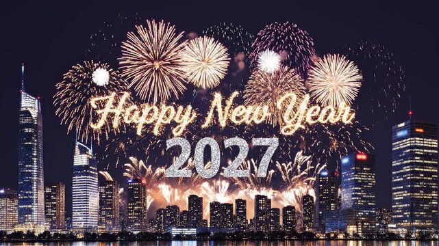 Cityscape fireworks celebrating New Year's Eve with glowing text overlay and subtle motion