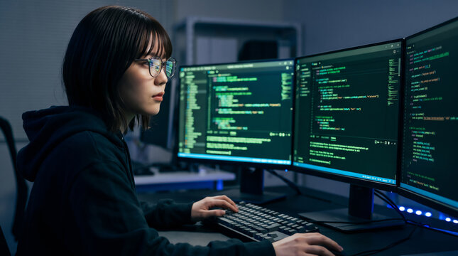 Female programmer working on computer with multiple monitors in dark room