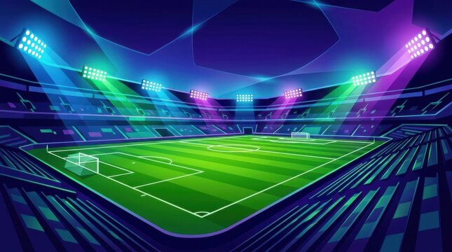 Dynamic soccer stadium vector background with colorful strobe lights and green grass pitch.