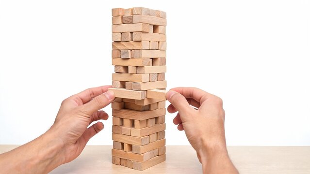 Hands carefully removing wooden block from jenga tower symbolizing risk management and strategic decision making