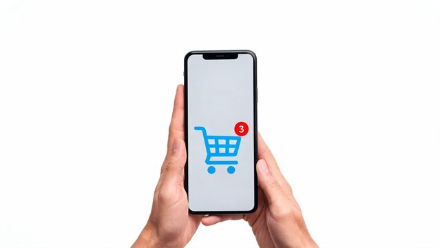 Hand holding smartphone displaying shopping cart icon with notification badge for e commerce mobile app design