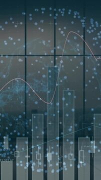Animation of graphs, connected dots globe over glass window against modern cityscape