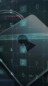 Animation of cyber security data processing over security padlock icon against black background